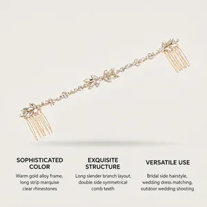 Exquisite gold bridal vine hair comb set with sparkling marquise rhinestones design.