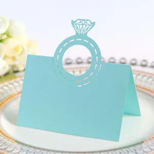 Elegant light blue laser-cut diamond ring paper place cards for wedding table settings