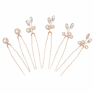 Elegante roségoldene U-förmige Haarnadeln mit Perlen und Kristallen für Brautfrisuren