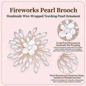 Close-up view of handmade gold wire wrapping and matte teardrop pearls on firework brooch