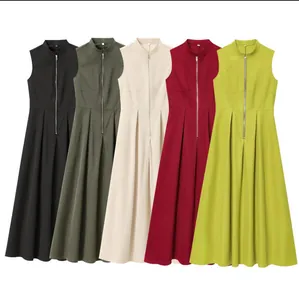 Elegantes Ärmelloses Maxikleid Mit Stehkragen Für Damen Reißverschluss Vorne Plissee A-Linie Polyester Langes Kleid