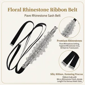 Detail of sparkling floral rhinestone pattern on black satin bridal ribbon belt.