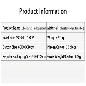 Detailed product specifications for khaki plaid tassel scarf showing material and size
