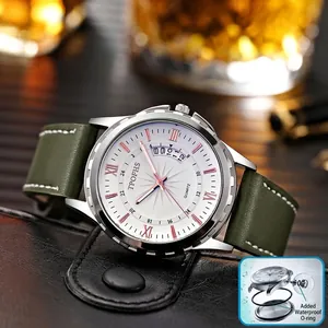 Montre à Quartz Homme Mode Affaires avec Affichage Date Bracelet Cuir Cadran Chiffres Romains Étanche Décontractée