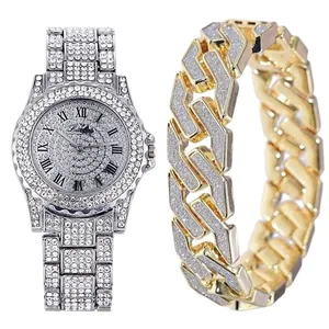Reloj de lujo plateado con diamantes de imitación y set de pulsera cubana dorada para hombre