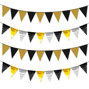 New Year Celebration Banner Triangle Pennant Glitter Paper Black Gold Star Garland Graduation School Party Decoration