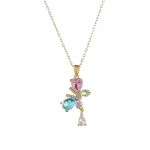 Elegant gold butterfly pendant necklace featuring vibrant multi-color teardrop zircons