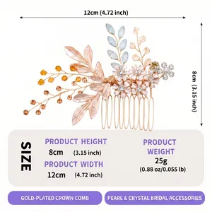 Detailed specification of a gold-plated flower and crystal bridal hair comb with dimensions