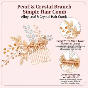 Detailed view of handmade gold leaf hair comb with crystals and faux pearls