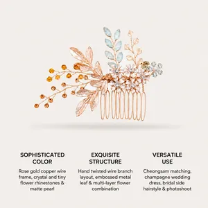 Close-up of rose gold floral hair comb with crystals and pearls for bridal hairstyles