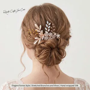 Vintage Alloy Rhinestone Flower Bridal Hair Comb Elegant Artificial Pearl Leaf Hair Accessory For Wedding Banquet Party Women Jewelry