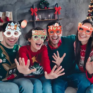 Group of friends wearing festive Christmas party glasses with Santa and elk designs