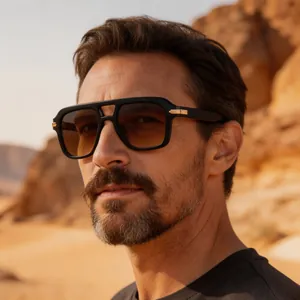Detailed view of fashionable square frame double bridge sunglasses worn by male model