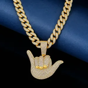 Men Hip Hop Iced Out Shaka Hand Gesture Pendant Necklace Zinc Alloy Rhinestone Jewelry Cool Cuban Link Chain