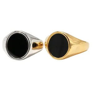 Minimalist Titanium Stainless Steel Black Oval Stone Signet Ring For Men Polished Brushed Vintage Fashion Finger Jewelry Gift