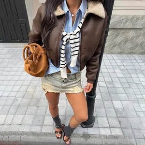 Fashionable brown PU leather jacket with beige shearling collar and warm windproof design