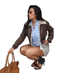 Stylish women's brown PU leather jacket featuring a cozy faux shearling collar.