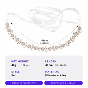 Detail view of a floral rhinestone belt for wedding banquets with size specifications.