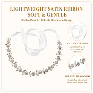 Detail of elegant flower leaf rhinestone belt with white satin ribbon for weddings