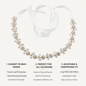 Close-up detail of elegant floral rhinestone bridal sash with white satin ribbon tie