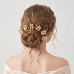 Elegantes Set mit 6 goldenen Metallblatt-Haarnadeln für Braut- und Hochzeitsfrisuren.
