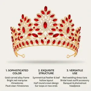 Elegant Baroque gold tiara with red marquise rhinestones for wedding banquet and pageant