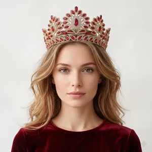 Exquisite Baroque vintage gold tiara crown featuring red rhinestones for bridal pageant events