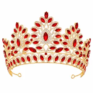 Luxury baroque gold crown adorned with vibrant red rhinestones for weddings and pageants