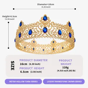 Detail view of luxury gold rhinestone tiara with blue gemstones and size specifications