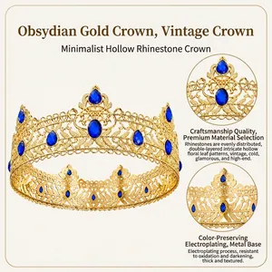 Close-up detail of vintage gold hollow crown with blue rhinestones and leaf pattern