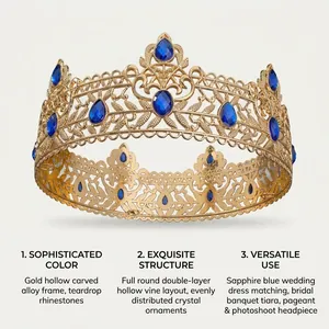 Detail view of gold bridal crown with sapphire blue teardrop crystals and vine patterns