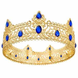 Elegant gold crown headpiece with blue rhinestones for wedding and pageant