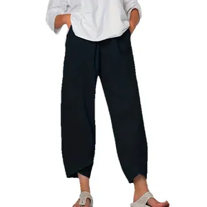 Women's casual elastic waist cropped pants with chic tulip hem and side pockets