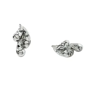 Minimalist silver water drop stainless steel stud earrings with liquid metal texture.