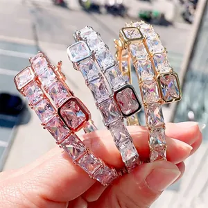 Hip-Hop Rechteckige Zirkonia Kupfer Armreif Galvanisiertes Kupfer Zirkonia Paare Armband Für Damen Herren Minimalistischer Schmuck