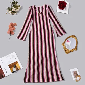 Elegant V-neck long sleeve dress with colorful chevron zigzag pattern for autumn fashion.