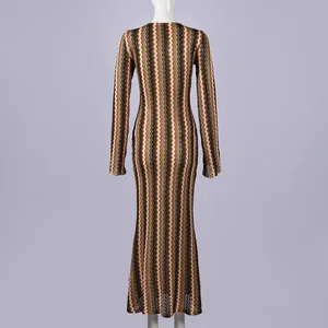 Back view of slim-fit knitted long-sleeved dress with colorful zigzag pattern