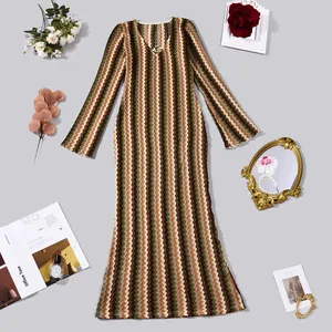 Elegant V-neck long sleeve maxi dress with earth-toned zigzag chevron knit pattern