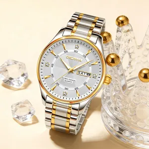 Detailed view of two-tone men's quartz watch with day-date dial and crystal accents