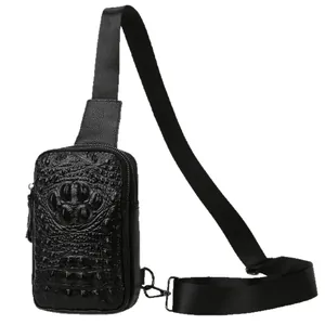 Premium black genuine leather men's chest bag with stylish embossed crocodile skin pattern