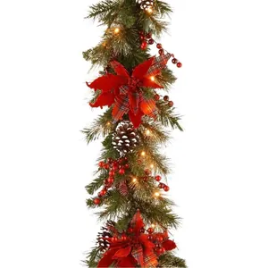 2025 new thickened Christmas garland with red flowers, pine cones and warm lights.