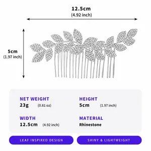 Detail of silver leaf rhinestone hair comb with measurements 12.5cm width and 5cm height