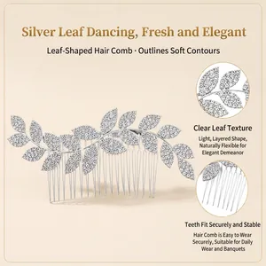 Detailed view of rhinestone-encrusted silver leaf hair comb with secure metal teeth