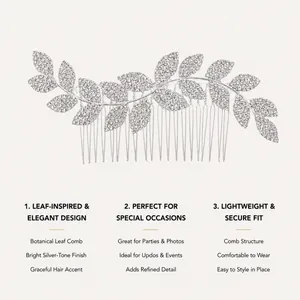 Close-up of silver-tone botanical leaf hair comb with elegant crystal-like texture.