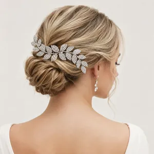 Elegant silver leaf rhinestone hair comb accessory for bridal wedding hairstyles