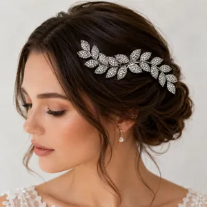 Elegant leaf-shaped rhinestone hair comb for wedding or formal hair styling