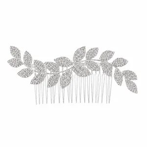 Elegant silver leaf hair comb with sparkling rhinestones for bridal or formal hair styling.