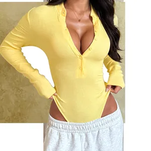 Sexy yellow ribbed long sleeve bodysuit featuring a deep V-neck with button detail