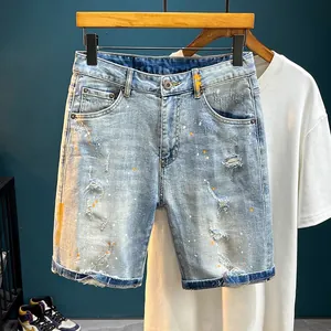 Men's High Street Light Blue Distressed Denim Shorts Paint Splatter Ripped Slim Fit Jean Shorts Vintage Streetwear Hip Hop Casual Pants