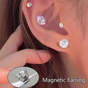 Elegant sparkling zircon magnetic stud earrings for women with non-piercing silver finish
